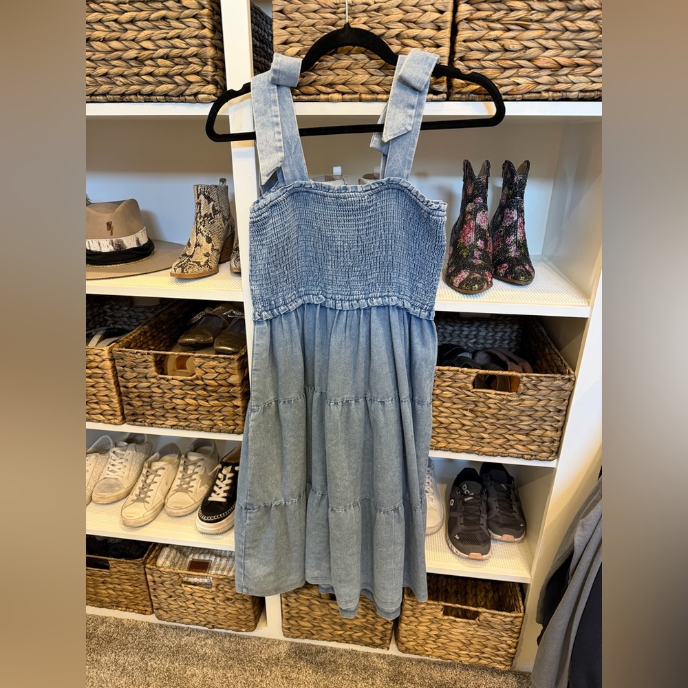 ODDY Light Blue Smocked Tie-Shoulder Denim Dress - Picture 3 of 3